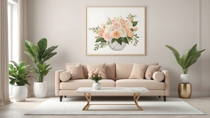 Warm and cozy interior of living room space , mock up poster