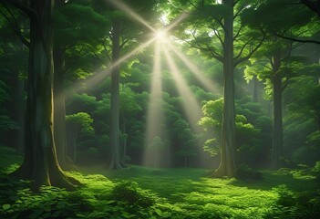 Obraz premium Lush dense forest with tall green trees and thick undergrowth, creating a serene and natural wilderness landscape in daylight