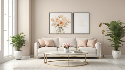 Warm and cozy interior of living room space , mock up poster, 3d illustration