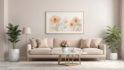 Cozy, minimalist living room with wood, neutral tones and large windows, 3d rendering image.
