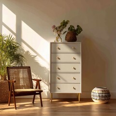 Tall dresser with gold knobs and matte finish