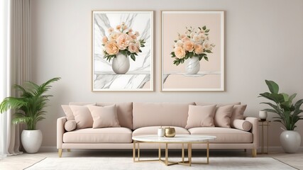 A stylish, inviting interior with warm neutral tones, sleek contemporary furniture and wooden shelving, 3d rendering stock photo