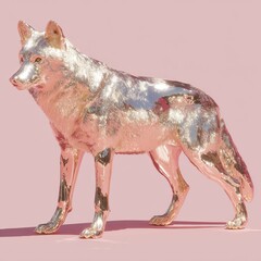 Shiny wolf sculpture against a pink background.