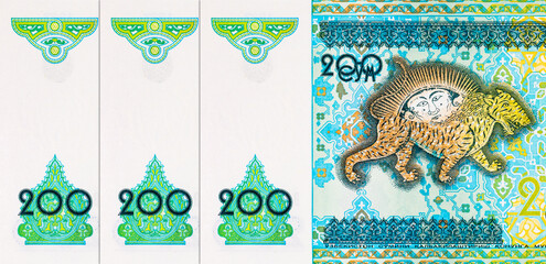 200 Som Uzbekistan, with the image of a tiger mosaic on the Sher-Dor Madrasah at the Registan, Samarkand. Money of Uzbekistan.
