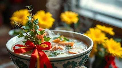 A vibrant red and white floral garland with delicate orchids, glowing under golden hour light for Singapore's celebration.
