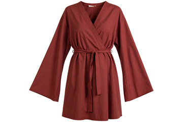 Burnt Sienna Cotton Wrap Dress with Folded Sleeves and Knotted Waist Tie, isolated on transparent background