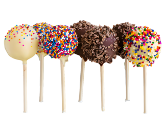 Delicious cake pops decorated with frosting chocolate isolated on white background, PNG