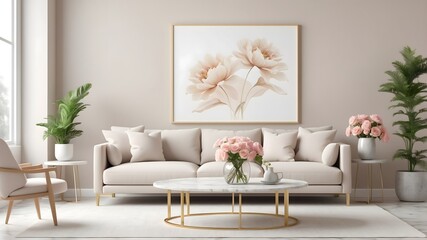 A stylish, inviting interior with warm neutral tones, sleek contemporary furniture and wooden shelving