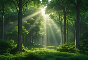 Naklejka premium Lush dense forest with tall green trees and thick undergrowth, creating a serene and natural wilderness landscape in daylight