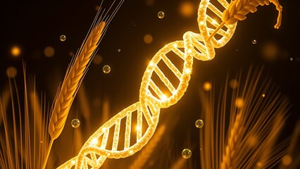 A luminous DNA helix wrapped around a golden wheat stalk with glowing carbohydrate molecules orbiting like planets.