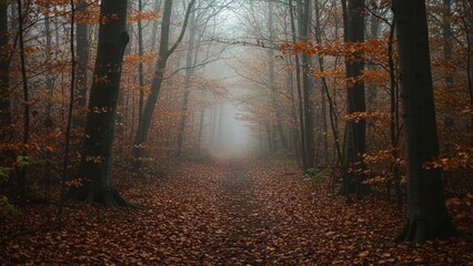 Enchanting foggy autumn forest path covered in vibrant fallen leaves