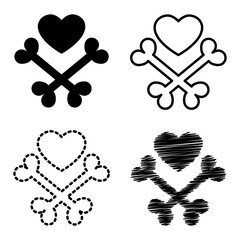 Set of heart and crossbones. Black and white image. For design of valentines, cards, stickers, prints, posters, tattoos, etc. Vector