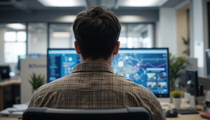 Focused Analyst: An analyst intensely focused on the data on his computer, seated at a desk, delving into the world of numbers and statistics.