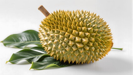 Fresh tropical durian fruit with leaves, isolated on white background, commercial product image style