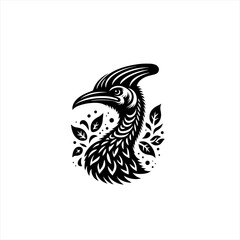 Obraz premium Stylized Black Bird with Feathered Neck and Leaves.