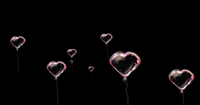 Realistic air helium balloons heart shaped fly up. Upward movement colorful air transparent balloons on black. Party decorations for birthday, anniversary, celebration. 4k loop video graphic animation