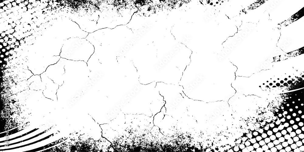 Poster black and white abstract background with cracks, dots, and diagonal lines adding a grunge style look