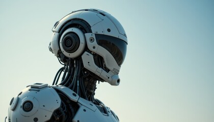 Cybernetic Sentinel: A futuristic cyborg stands vigilant against a cloudless sky, epitomizing artificial intelligence and technological innovation. 