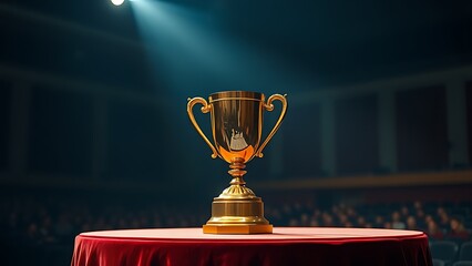 A golden trophy stands proudly on a velvet podium under dramatic spotlight in an auditorium.