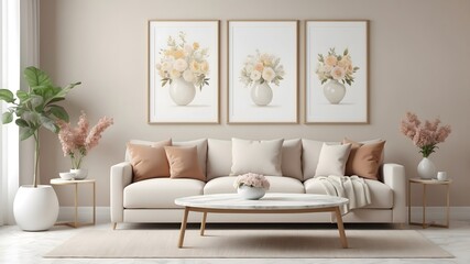 3 Mockup frame, poster in home living room design, element mockup interior, 3d rendering.