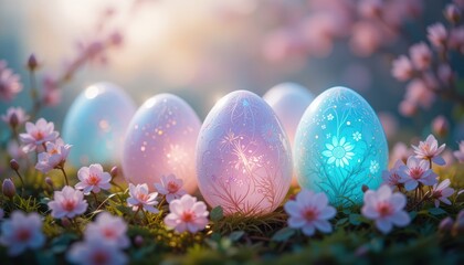 Easter Eggs in Spring: A whimsical display of decorated Easter eggs rests delicately amidst fresh spring blooms and vibrant green grass. Each egg glistens with subtle light and pastel hues.