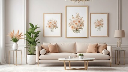 Bohemian living room interior. Living room with a sofa and picture frames bathed in warm sunlight- 3D rendering