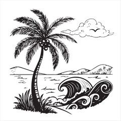 tropic style vacation hand drawn sun and waves