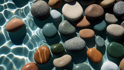 Smooth colorful river stones submerged in clear rippling water with sunlight patterns
