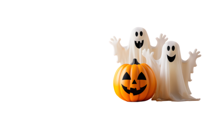Halloween ghosts with funny pumpkin isolated on white background, PNG