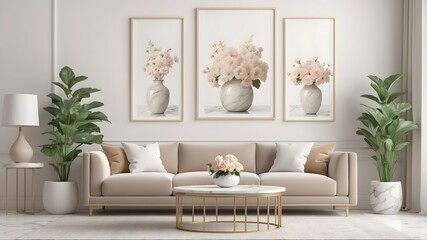 Bohemian living room interior 3d render with beige colored furniture and wooden elements