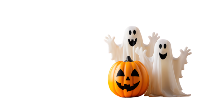 Halloween ghosts with funny pumpkin isolated on white background, PNG