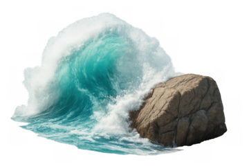 Massive ocean wave breaking against rocky surface, generating powerful spray with dramatic white foaming effect