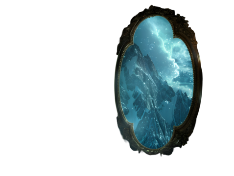 Magic mirror showing an alternate reality isolated on white background, PNG