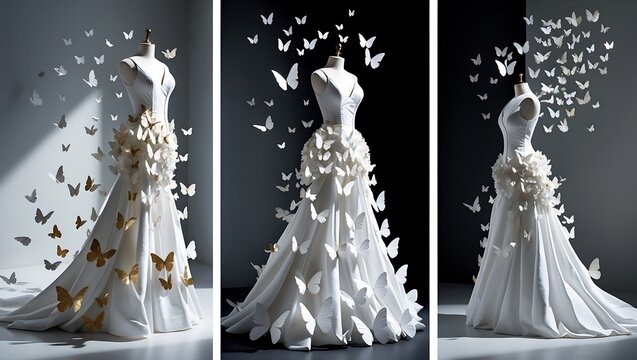 Elegant white wedding dresses adorned with delicate butterflies in a studio setting