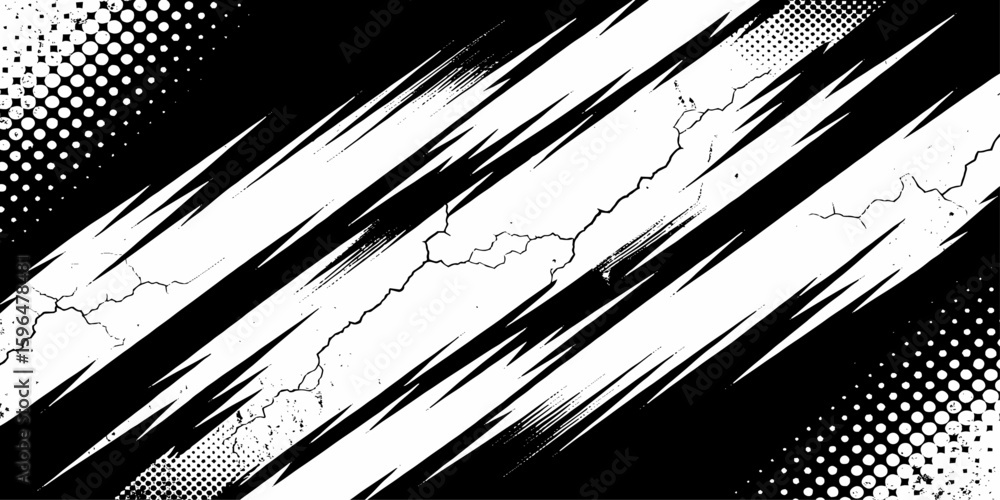 Poster black and white abstract design with halftone dots cracks and curved lines for modern background.