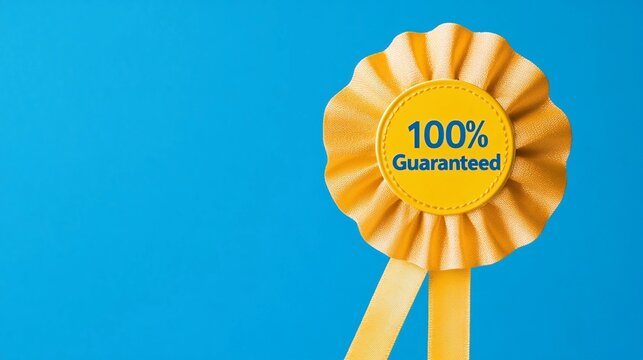 Bright yellow ribbon with a 100% guaranteed text against a blue background highlights a mark of quality assurance, confidence, and trustworthiness