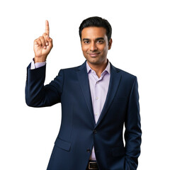 Smiling businessman in suit pointing upwards toward idea or innovation