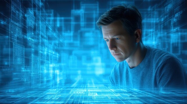 Focused man analyzing digital data in futuristic technology environment