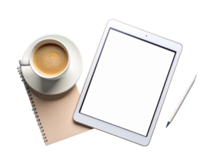 Diagonal Flatlay of Digital Tablet and Coffee with Notepad on Pale Blue Background