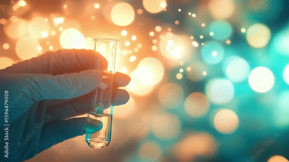 Poster hand holding test tube with liquid in laboratory environment surrounded by colorful abstract bokeh l