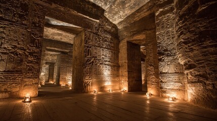 Ancient Underground Stone Cave with Lit Passages