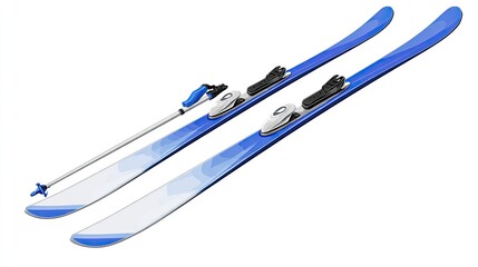 Pair of Blue and White Skis with Poles on White Background