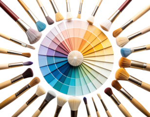  Diagonal Flatlay of Artistic Brush Set with Paper Displaying Gradient Shading.