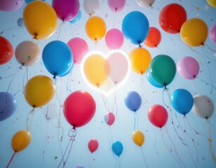 Obraz premium Colorful Balloons: A cheerful collection of vibrant, buoyant balloons float playfully against a soft, dreamy backdrop, evoking feelings of celebration, joy, and anticipation.