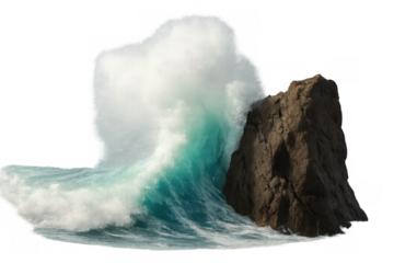 Powerful ocean wave crashing on a rock, creating a dramatic splash with transparent background