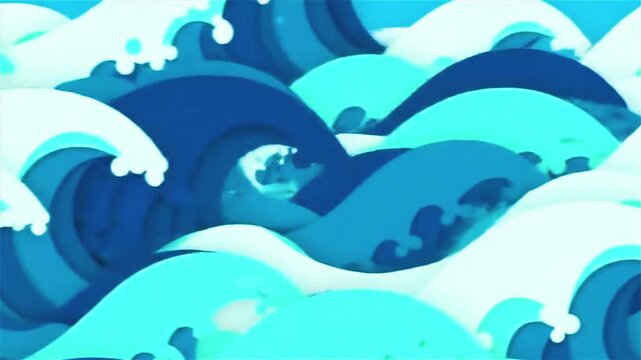 Cartoon Stylized Ocean Waves Background in Blue and White Tones