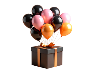  Floating Pink, Orange, and Black Balloons Tied to Dark Gift Box on Peach Surface.
