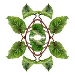 Watercolor illustration of symmetrically arranged green kiwi leaves and curly brown stems - lianas. Realistic botanical composition for interior prints, home decor, packaging, textiles or eco-design.