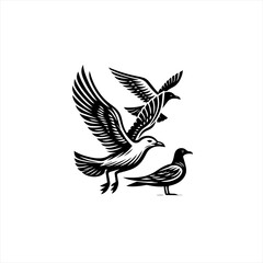 Three Stylized Seagulls in Flight and Perched.