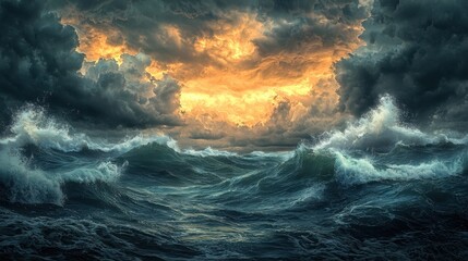 Dramatic ocean waves crashing under stormy dark clouds with golden sunlight breaking through turbulent sky during a fierce weather event